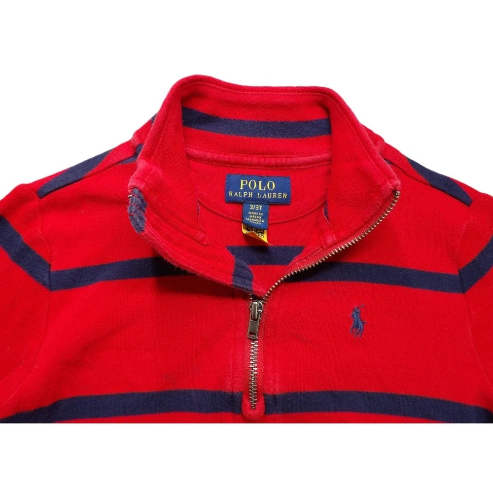 Polo Ralph Lauren Boys 1/4 Zip Pullover Sweatshirt Red Blue Striped 3/3T Toddler
